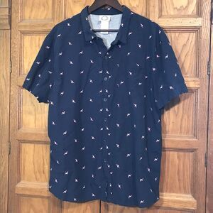 33 Revolutions Flamingo Shirt Men's size XL Button Down Navy & Pink Short Sleeve